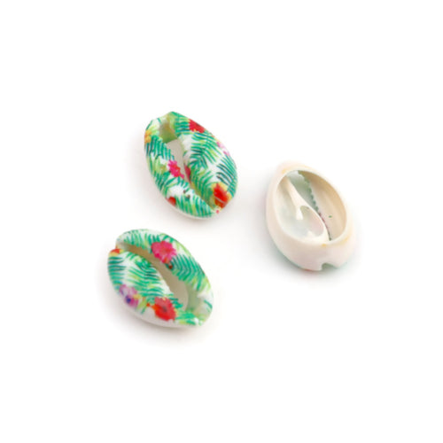 Shell Beads, Natural, Cowrie, Conch Shell, Light Green, Red, Flowers, Leaves, 25mm - BEADED CREATIONS