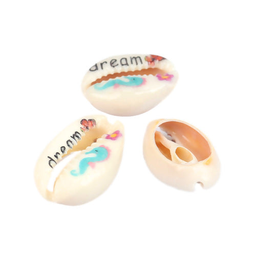 Shell Beads, Natural, Cowrie, Conch Shell, Painted, 25mm, Seahorse With Word "Dream" - BEADED CREATIONS