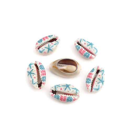 Shell Beads, Natural, Cowrie, Conch Shell, Painted, Blue And Pink, Star Fish Pattern, 25mm. Sold Individually - BEADED CREATIONS