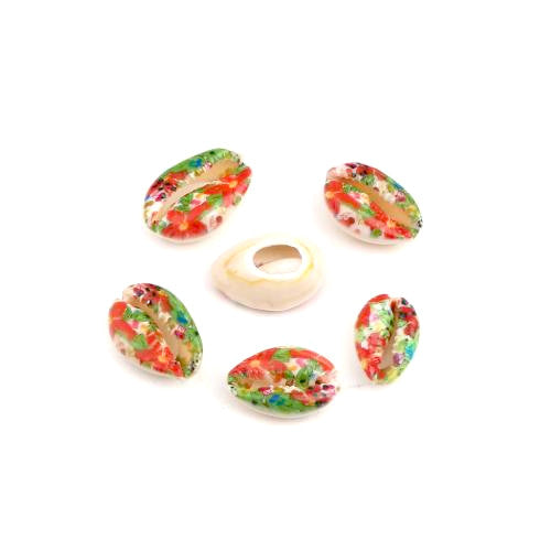 Shell Beads, Natural, Cowrie, Conch Shell, Painted, Flowers, Leaves, Multicolored, 25mm - BEADED CREATIONS