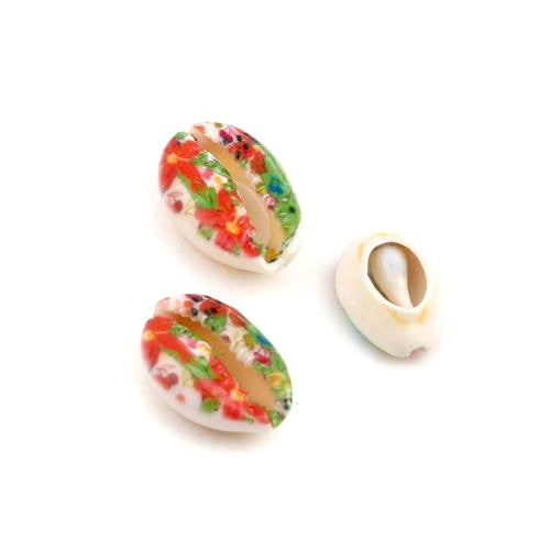 Shell Beads, Natural, Cowrie, Conch Shell, Painted, Flowers, Leaves, Multicolored, 25mm - BEADED CREATIONS