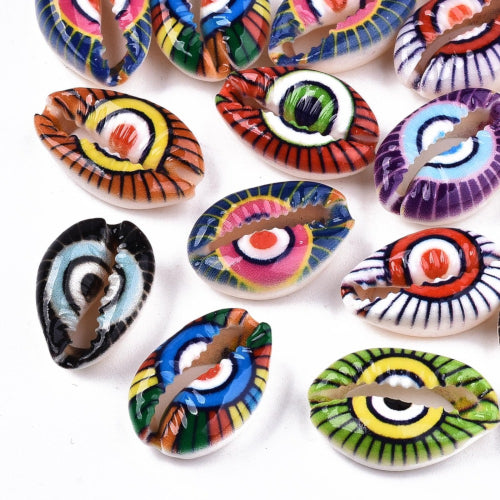 Shell Beads, Natural, Cowrie, Conch Shell, Painted, Multicolored, Assorted, Evil Eye, 18-22mm - BEADED CREATIONS
