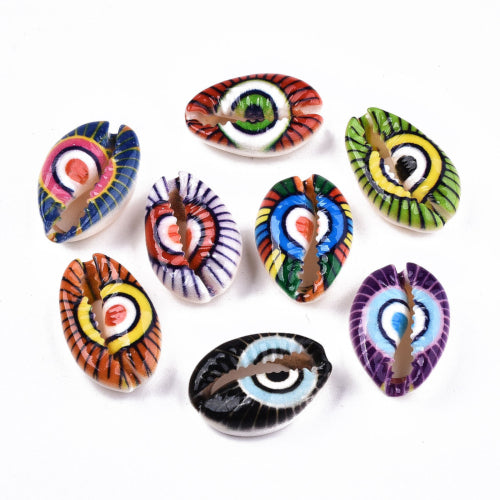 Shell Beads, Natural, Cowrie, Conch Shell, Painted, Multicolored, Assorted, Evil Eye, 18-22mm - BEADED CREATIONS