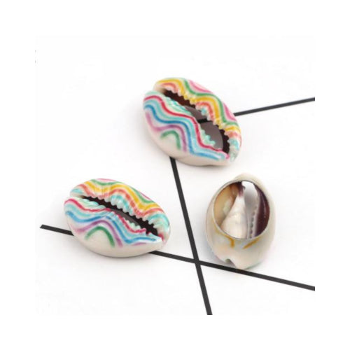 Shell Beads, Natural, Cowrie, Conch Shell, Painted, Multicolored, Wavy Pattern, 25mm - BEADED CREATIONS