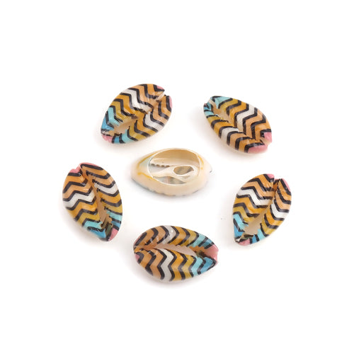 Shell Beads, Natural, Cowrie, Conch Shell, Painted, Multicolored, Zig-Zag Pattern, 25mm. Sold Individually - BEADED CREATIONS