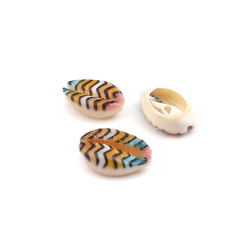 Shell Beads, Natural, Cowrie, Conch Shell, Painted, Multicolored, Zig-Zag Pattern, 25mm. Sold Individually - BEADED CREATIONS