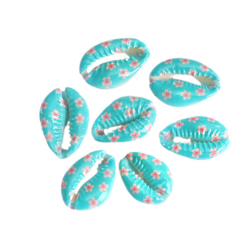 Shell Beads, Natural, Cowrie, Conch Shell, Painted, Pink And Light Blue, Floral, 25mm - BEADED CREATIONS