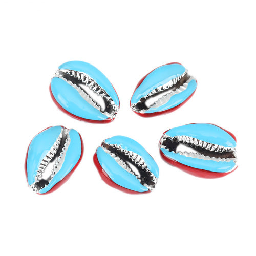 Shell Beads, Natural, Cowrie, Conch Shell, Painted, Red, Blue And Silver, 24mm - BEADED CREATIONS