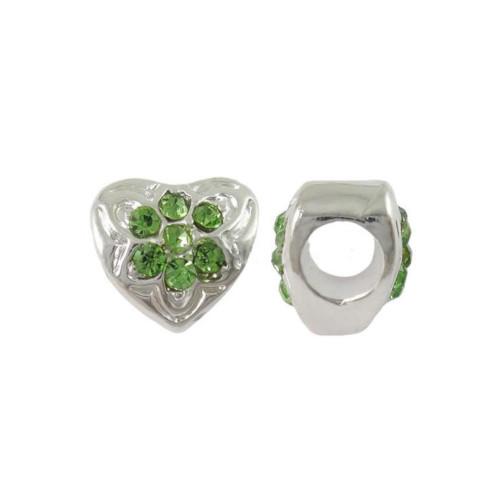 Silver Plated Heart Shaped Charm Beads With Green Rhinestones - BEADED CREATIONS