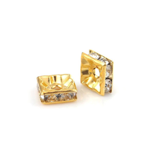 Squaredelle Spacer Beads, With Clear Crystals, Gold Plated, 10mm - BEADED CREATIONS