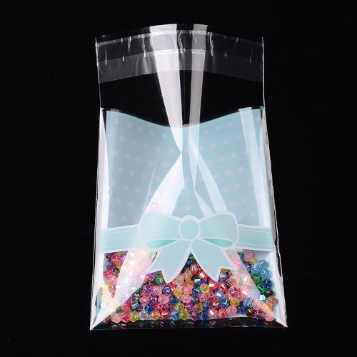 Storage Bags, Self-Adhesive, OPP Cellophane Bags, Rectangle, Bowknot Pattern, Sky Blue, 12.5cm - BEADED CREATIONS