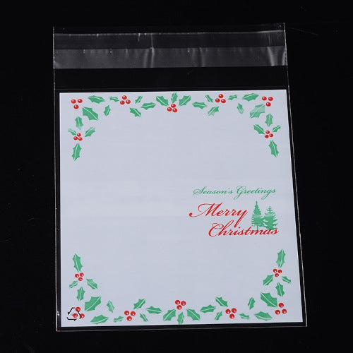 Storage Bags, Self-Adhesive, OPP Cellophane Bags, Rectangle, Christmas Theme, White, Green, Red, 14cm - BEADED CREATIONS