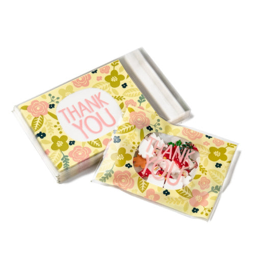 Storage Bags, Self-Adhesive, OPP Cellophane Bags, Rectangle, Floral, With Words Thank You, 16.2cm - BEADED CREATIONS