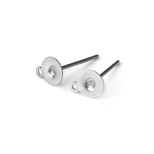 Stud Earring Findings, 304 Stainless Steel, Flat Round, Glue-On Earring Posts, With Loop, Silver Tone, 6x8mm - BEADED CREATIONS