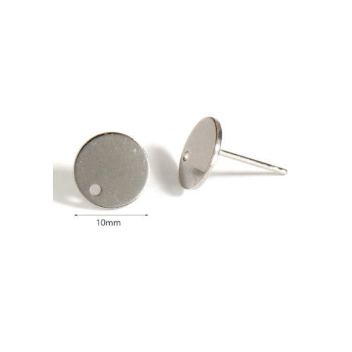 Stud Earring Findings, 304 Stainless Steel, Flat, Round, With Hole, Silver Tone, 10mm - BEADED CREATIONS