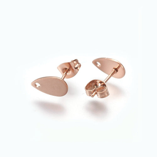 Stud Earring Findings, 304 Stainless Steel, Teardrop, Flat Plate, With Hole, Ion Plated, Rose Gold, 10x6mm - BEADED CREATIONS