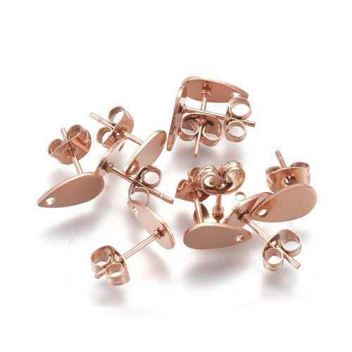 Stud Earring Findings, 304 Stainless Steel, Teardrop, Flat Plate, With Hole, Ion Plated, Rose Gold, 10x6mm - BEADED CREATIONS