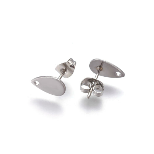 Stud Earring Findings, 304 Stainless Steel, Teardrop, Flat Plate, With Hole, Silver Tone, 10x6mm - BEADED CREATIONS