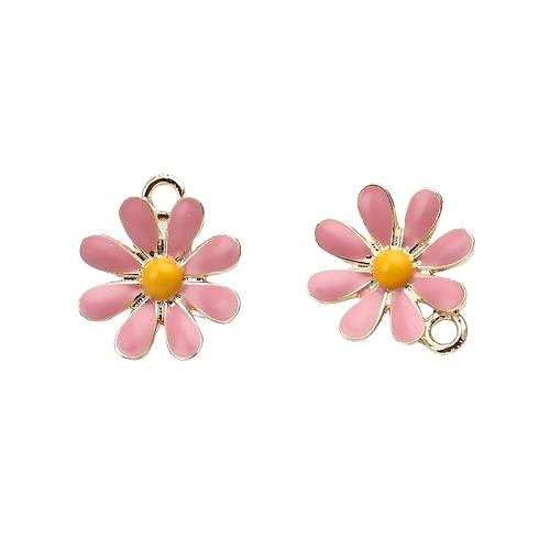Stud Earring Findings, Alloy, Daisy Flower, With Closed Loop, Gold Plated, Pink, Yellow, Enameled, 14.6mm - BEADED CREATIONS
