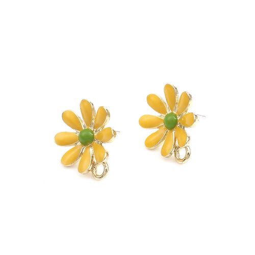 Stud Earring Findings, Alloy, Daisy Flower, With Closed Loop, Gold Plated, Yellow, Green, Enameled, 14.6mm - BEADED CREATIONS