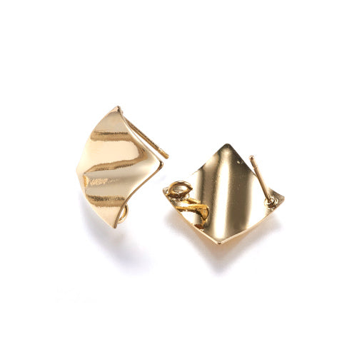 Stud Earring Findings, Brass, Domed, Square, With Hidden Open Loop, 18K Gold Plated, 16mm - BEADED CREATIONS