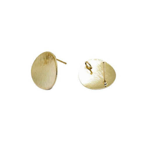 Stud Earring Findings, Brass, With Hidden Open Loop, 18K Gold Electroplated, Drawbench, Round, Domed, 15mm - BEADED CREATIONS