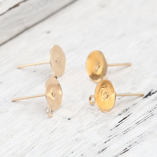 Stud Earring Findings, Iron, Flat Round, Glue-On Earring Posts, With Loop, Light Gold Plated, 8x12mm - BEADED CREATIONS