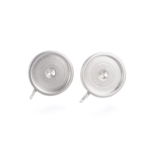 Stud Earring Settings, 201 Stainless Steel, With 304 Stainless Steel Pins And Open Loop, Round, Bezel Cup, Silver Tone, 12mm - BEADED CREATIONS