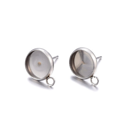 Stud Earring Settings, 304 Stainless Steel, Round, Bezel Cup, With Loop, Silver Tone, 12mm - BEADED CREATIONS
