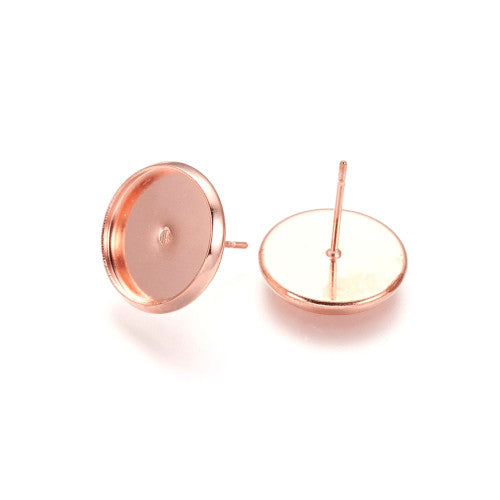 Stud Earring Settings, Brass, Round, Bezel Cup, Rose Gold, 14mm - BEADED CREATIONS