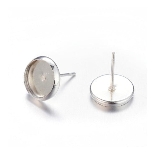 Stud Earring Settings, Brass, Round, Bezel Cup, Silver Plated, 10mm - BEADED CREATIONS