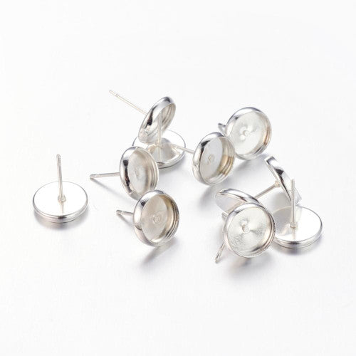Stud Earring Settings, Brass, Round, Bezel Cup, Silver Plated, 10mm - BEADED CREATIONS