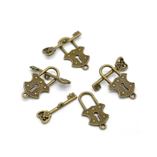 Toggle Clasps, Alloy, Antique Bronze, Lock And Key, Single-Strand, 24mm - BEADED CREATIONS