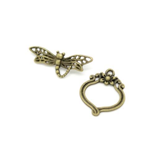 Toggle Clasps, Alloy, Antique Bronze, Oval, Dragonfly And Flower, Single-Strand, 22mm - BEADED CREATIONS