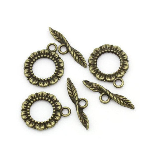 Toggle Clasps, Alloy, Antique Bronze, Round, Leaf, Single-Strand, 20mm - BEADED CREATIONS