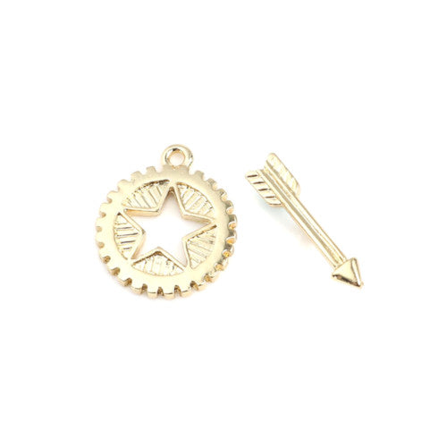 Toggle Clasps, Alloy, Gold Plated, Round, Cut-Out, Star And Arrow, 21mm - BEADED CREATIONS