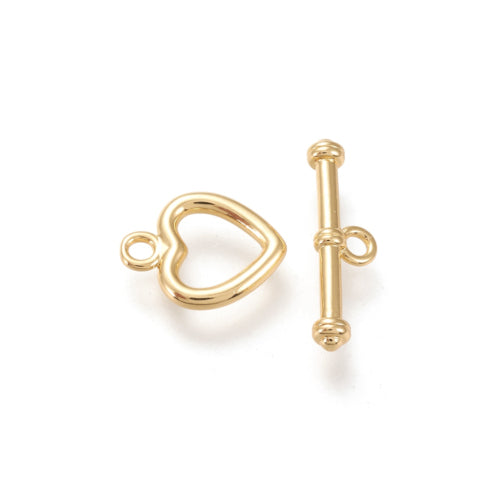 Toggle Clasps, Brass, 18K Gold Plated, Heart, With Jump Ring, 14mm - BEADED CREATIONS