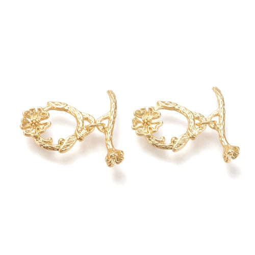 Toggle Clasps, Brass, 18K Gold Plated, Leaves With Flower, Single-Strand, 18.5mm - BEADED CREATIONS