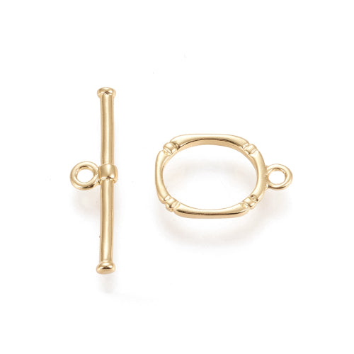 Toggle Clasps, Brass, 18K Gold Plated, Oval, Etched, With Jump Ring, 16.5mm - BEADED CREATIONS