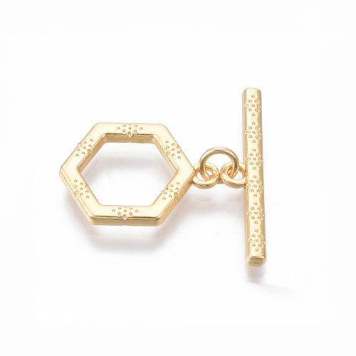 Toggle Clasps, Brass, 18K Gold Plated, Textured, Hexagon, With Jump Ring, 16mm - BEADED CREATIONS