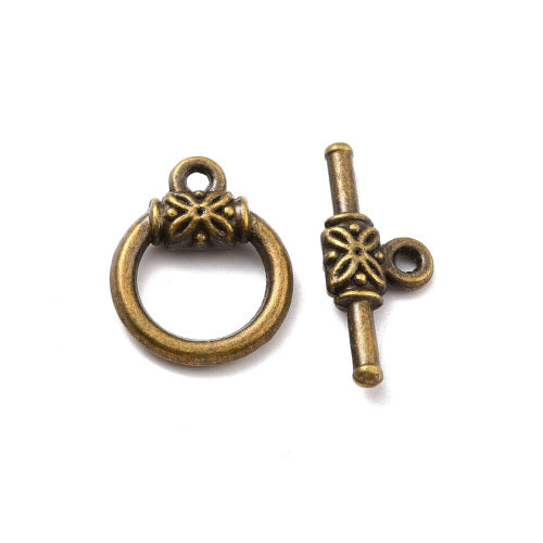 Toggle Clasps, Tibetan Style, Alloy, Antique Bronze, Round, Leaf, Single-Strand, 18mm - BEADED CREATIONS