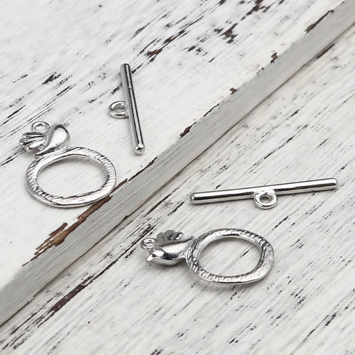Toggle Clasps, Round, Hammered, Bird, Silver, Alloy, 26mm - BEADED CREATIONS