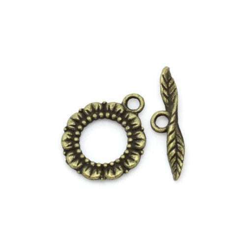 Toggle Clasps, Round, Leaf, Antique Bronze, Alloy, 20mm - BEADED CREATIONS