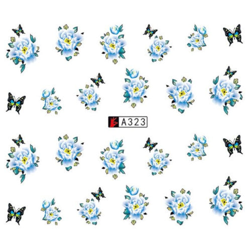 Water Transfer, Nail Art, Blue, Butterflies, Flowers, Decals – A323 - BEADED CREATIONS