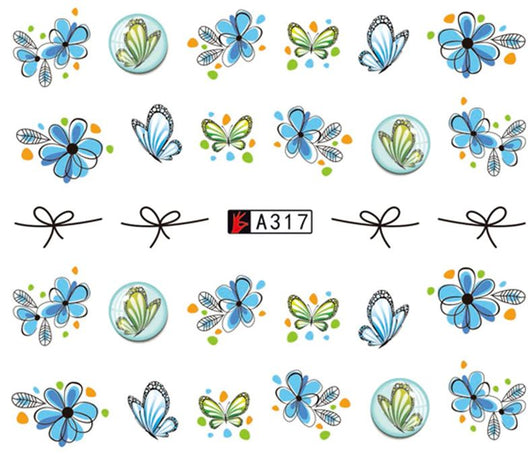 Water Transfer, Nail Art, Blue, Green, Butterflies, Flowers, Decals – A317 - BEADED CREATIONS