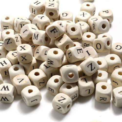 Wood Spacer Beads, Natural, Cube, Alphabet, Mixed, 10mm - BEADED CREATIONS