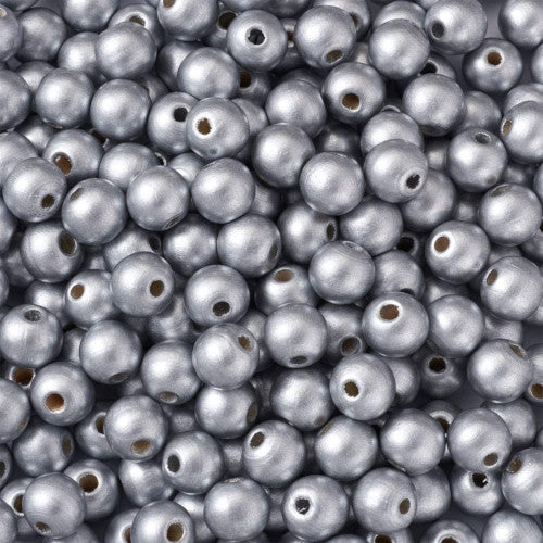 Wood Beads, Round, Painted, Silver, 15mm - BEADED CREATIONS